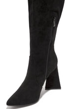 Load image into Gallery viewer, black faux suede chunky heel boot