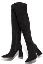 Load image into Gallery viewer, black faux suede pointed to pull on zip closure boot