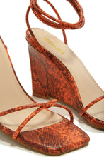 Load image into Gallery viewer, Orange Snake Lace Up Wedges