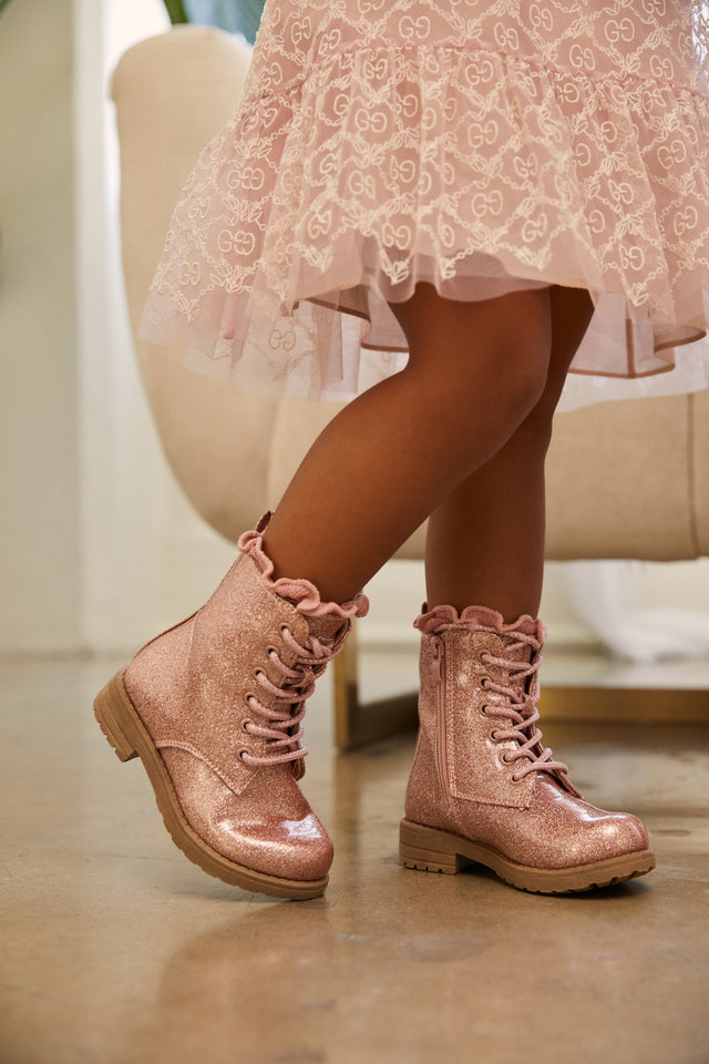Load image into Gallery viewer, Mini Attitude Kids Glitter Lace Up Combat Boots - Pink