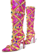 Load image into Gallery viewer, Pink and Gold Pointed Toe Heel Boots