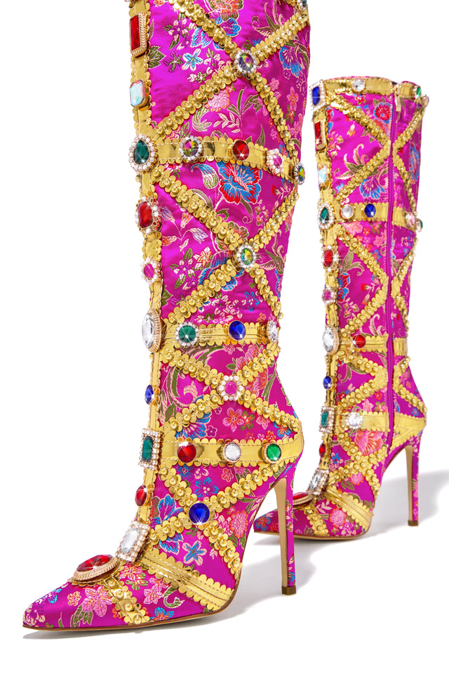 Load image into Gallery viewer, Pink and Gold Pointed Toe Heel Boots