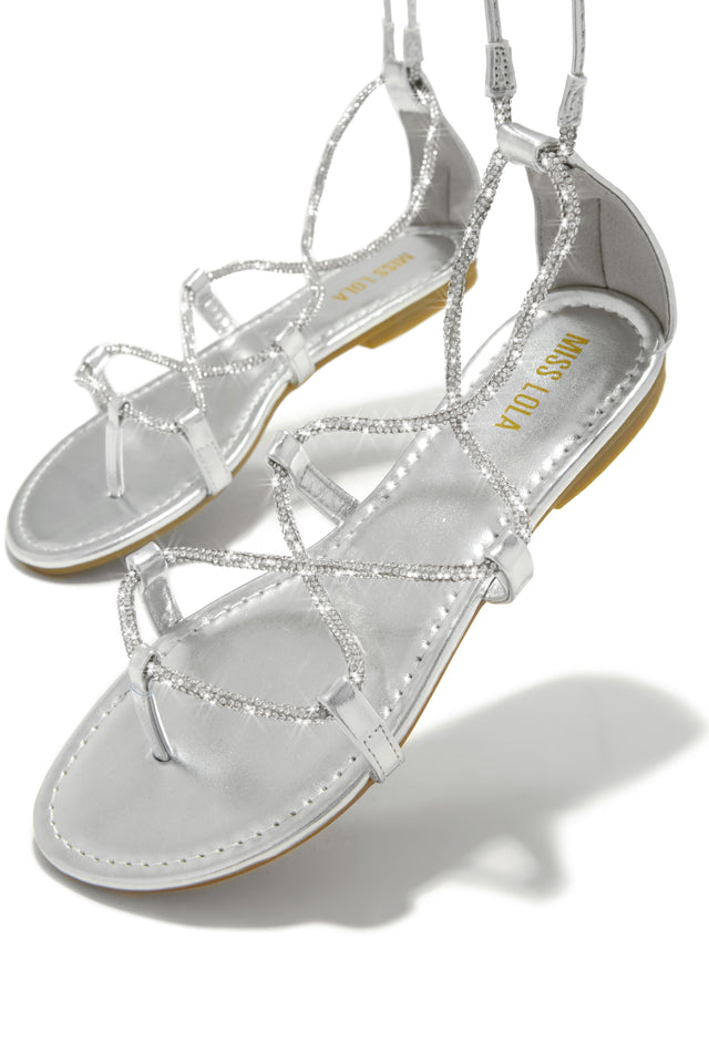Load image into Gallery viewer, Silver-Tone Lace Up Embellished Sandals