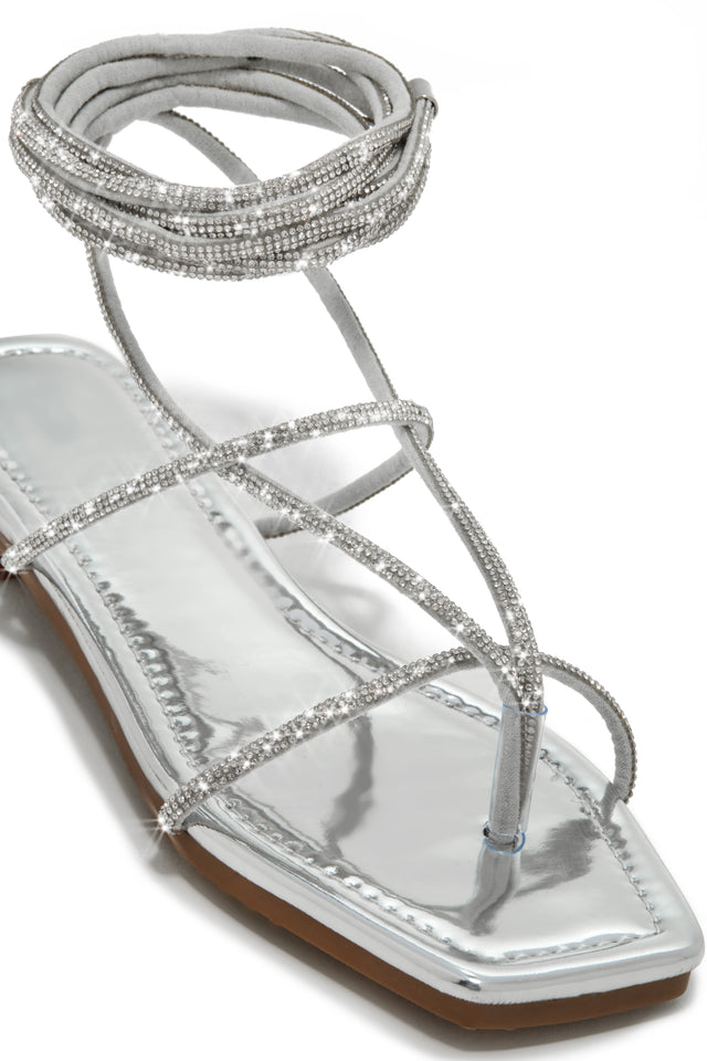 Load image into Gallery viewer, Silver-Tone Embellished Lace Up Sandals
