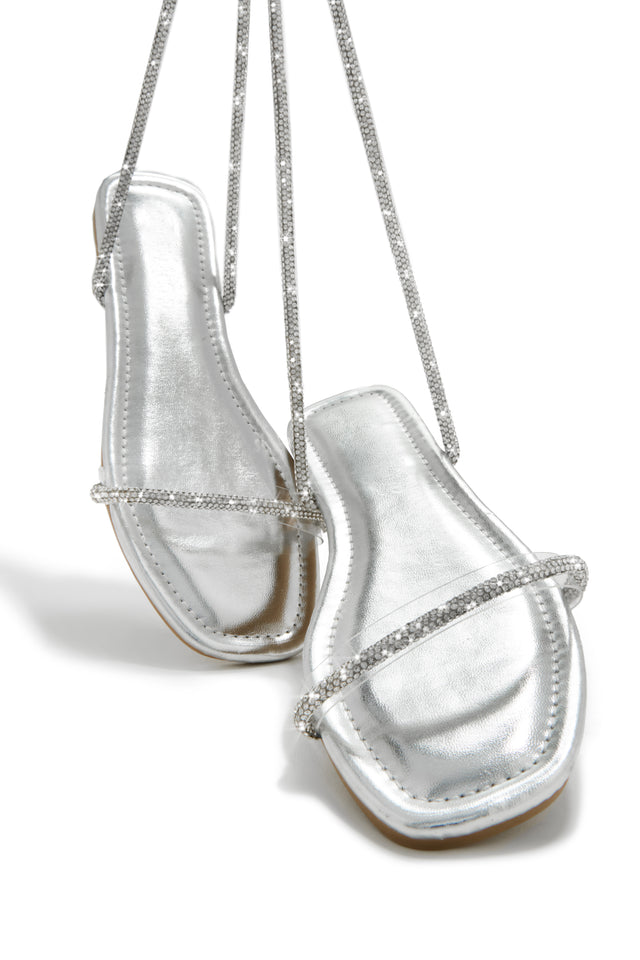 Load image into Gallery viewer, Silver-Tone Embellished Lace Up Sandals