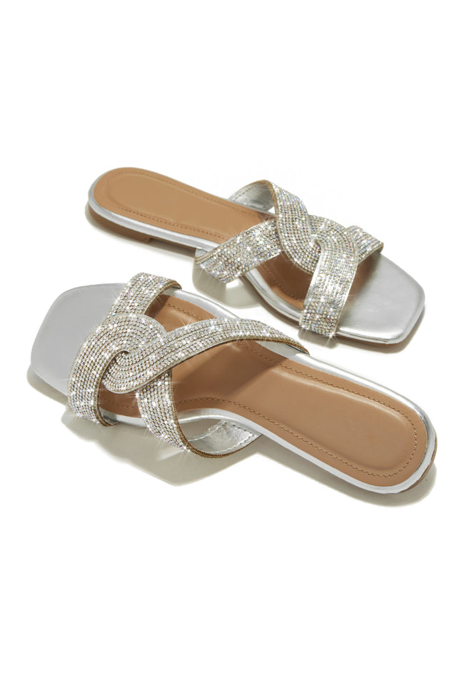 Load image into Gallery viewer, Silver-Tone Rhinestone Slide Sandals