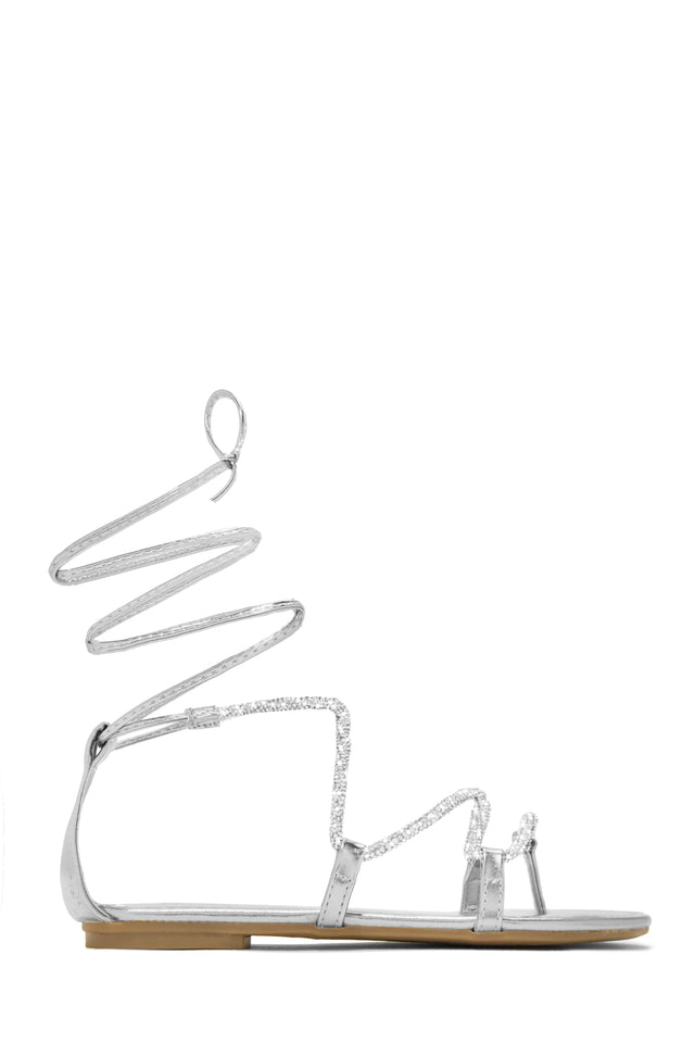 Load image into Gallery viewer, Silver-Tone Flat Lace Up Sandals