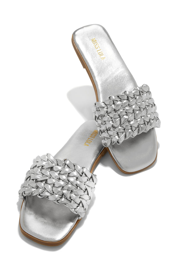 Load image into Gallery viewer, Silver-Tone Braided Strap Slip On Sandals