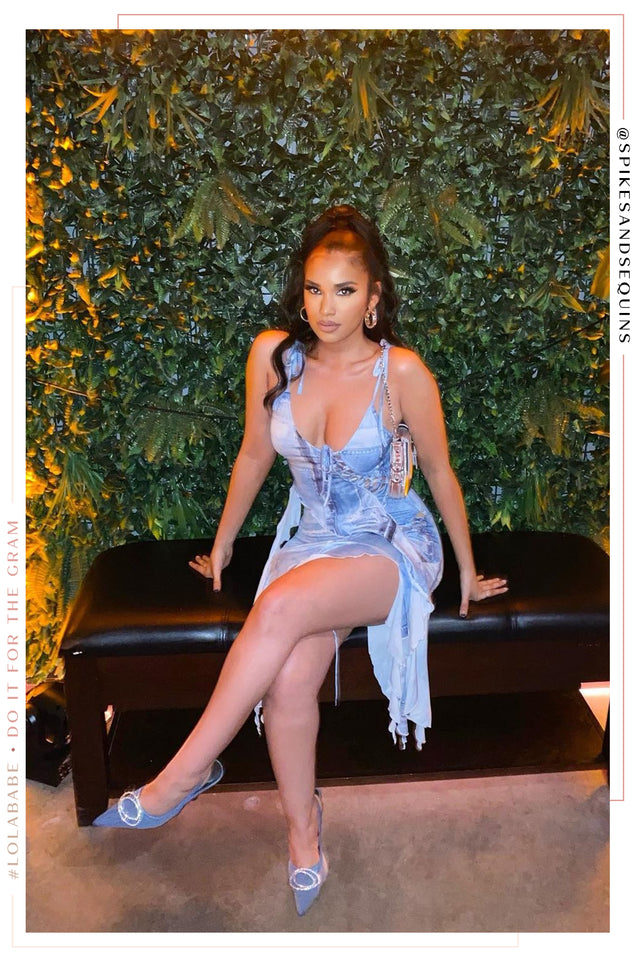Load image into Gallery viewer, Woman Wearing Denim Heels With Blue Dress