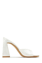 Load image into Gallery viewer, beautiful white chunky heel slip on shoe. perfect for a bride or a bridal party.