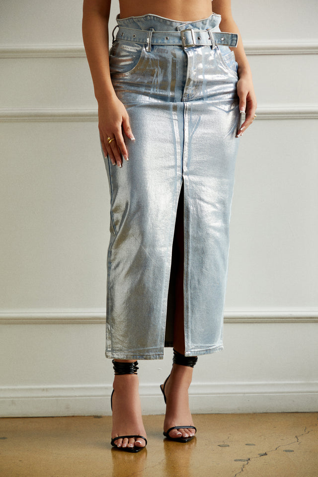 Load image into Gallery viewer, Denim Maxi Metallic Skirt

