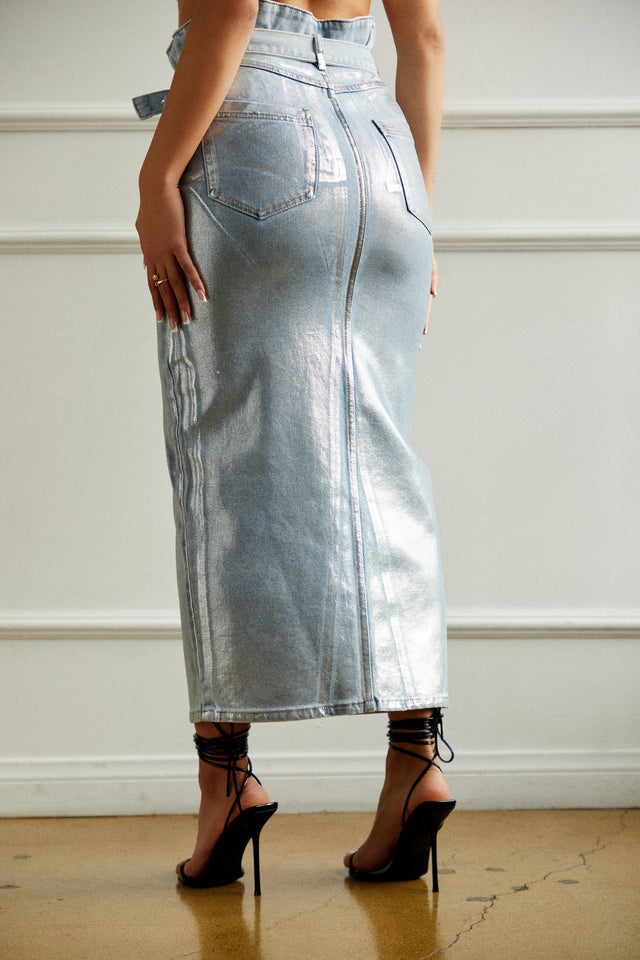 Load image into Gallery viewer, Maxi Denim Skirt with Metallic Detailing
