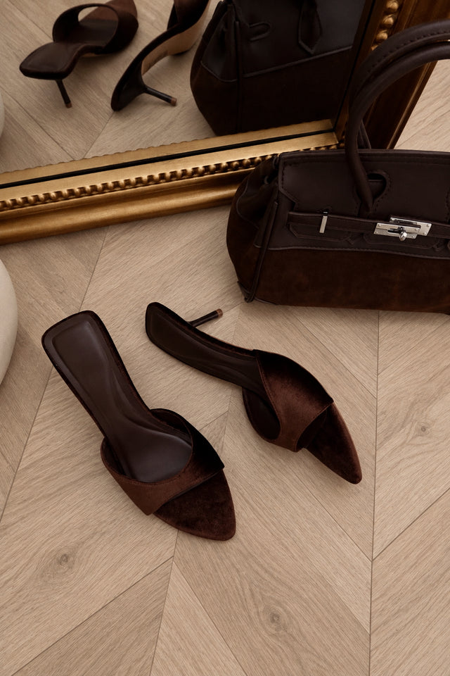Load image into Gallery viewer, Heather Velvet Mid Heel Mules - Brown
