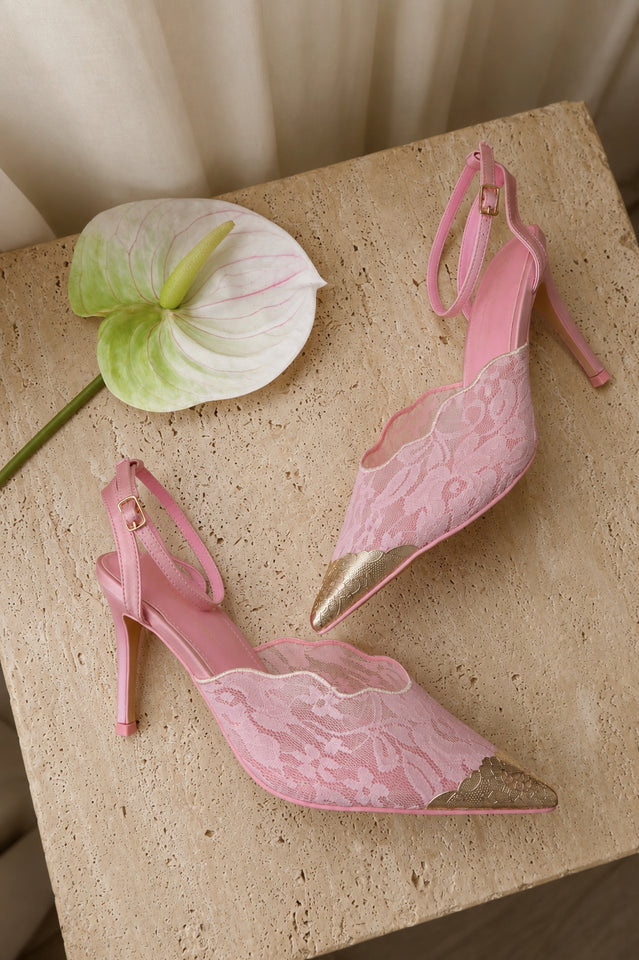 Load image into Gallery viewer, Charlotte Lace Pointed Toe Ankle Strap Pumps - Pink
