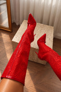 Vixen Lace Knee High Stiletto Boots – Red