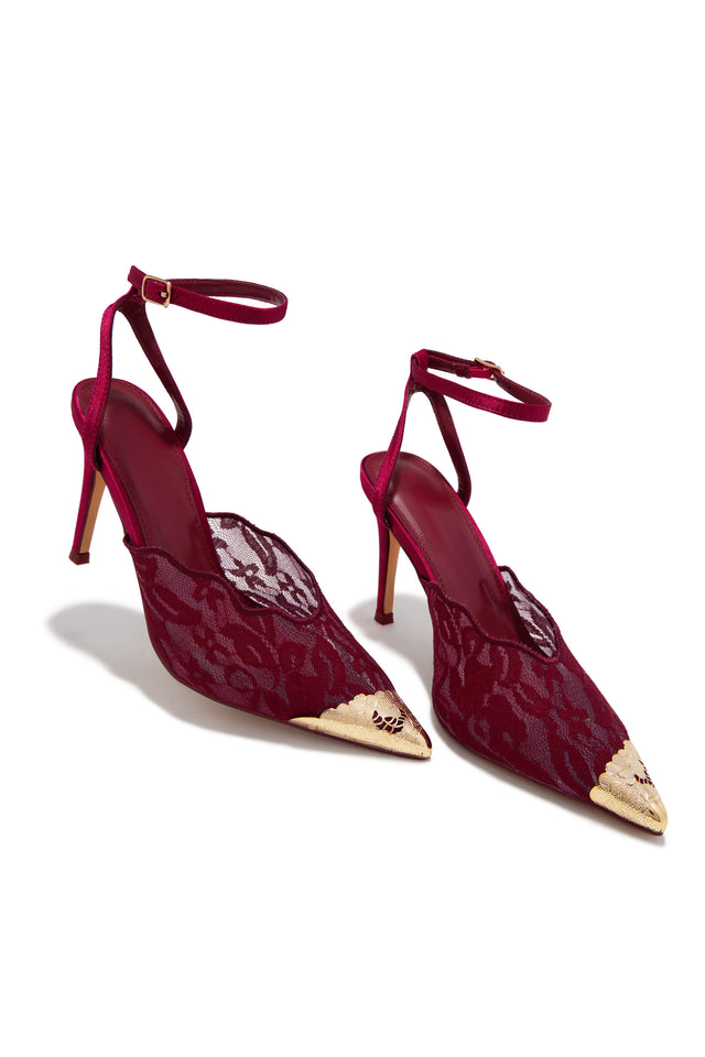 Load image into Gallery viewer, Charlotte Lace Pointed Toe Ankle Strap Pumps - Wine
