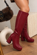 Hudson Platform Block Heel Knee High Boots – Red