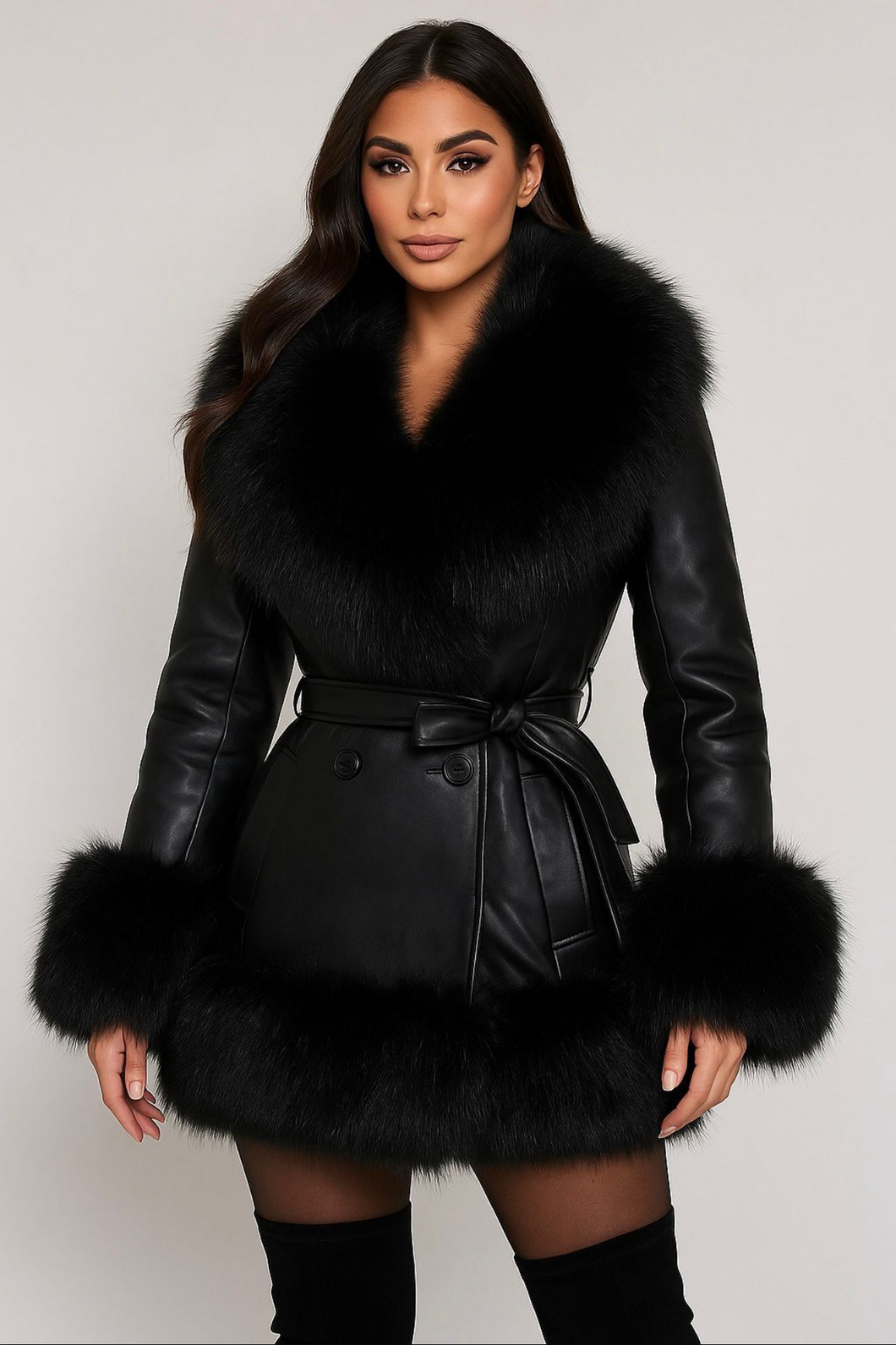 Woman wearing a black leather coat with fur trim on a plain background