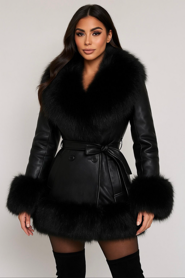 Load image into Gallery viewer, Woman wearing a black leather coat with fur trim on a plain background
