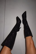 Sandra Rhinestone Knee High Boots - Black