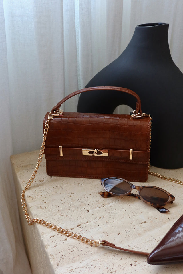Load image into Gallery viewer, Victoria Croc Embossed Top Handle Crossbody Bag - Tan
