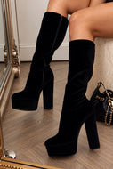 Nikki Velvet Platform Knee High Heel Boots – Black