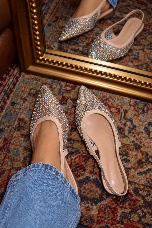 Load image into Gallery viewer, Estelle Rhinestone Mesh Slingback Flats – Nude

