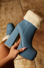 Load image into Gallery viewer, Female Model Holding Denim Platform Ankle Boots
