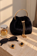 Monae Faux Fur Ring Handle Bucket Bag – Black