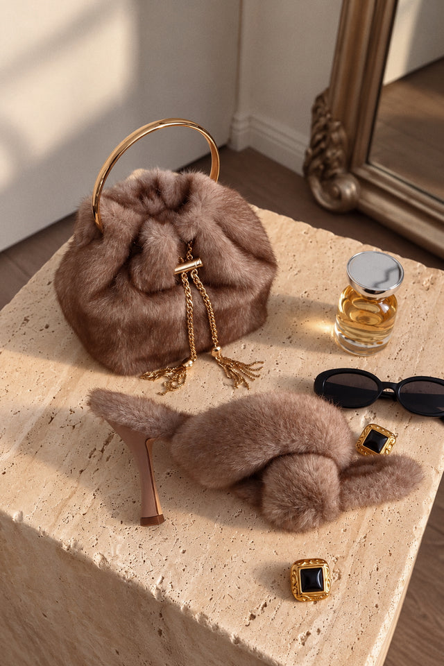 Load image into Gallery viewer, Monae Faux Fur Ring Handle Bucket Bag – Taupe
