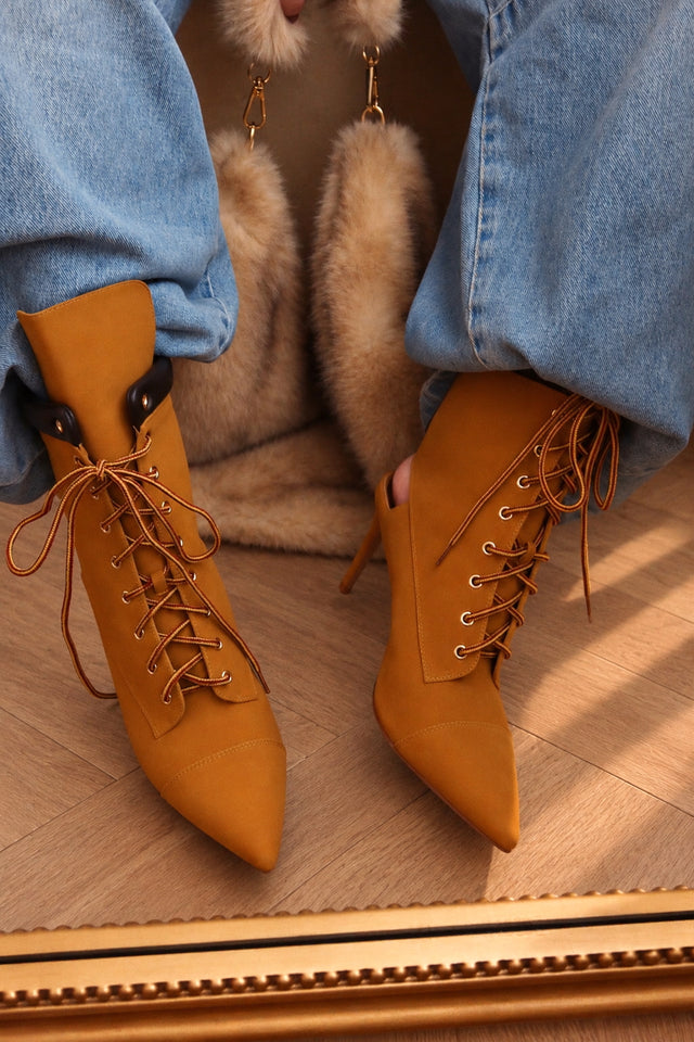 Load image into Gallery viewer, Remy Lace Up Pointed Toe Heel Booties – Tan
