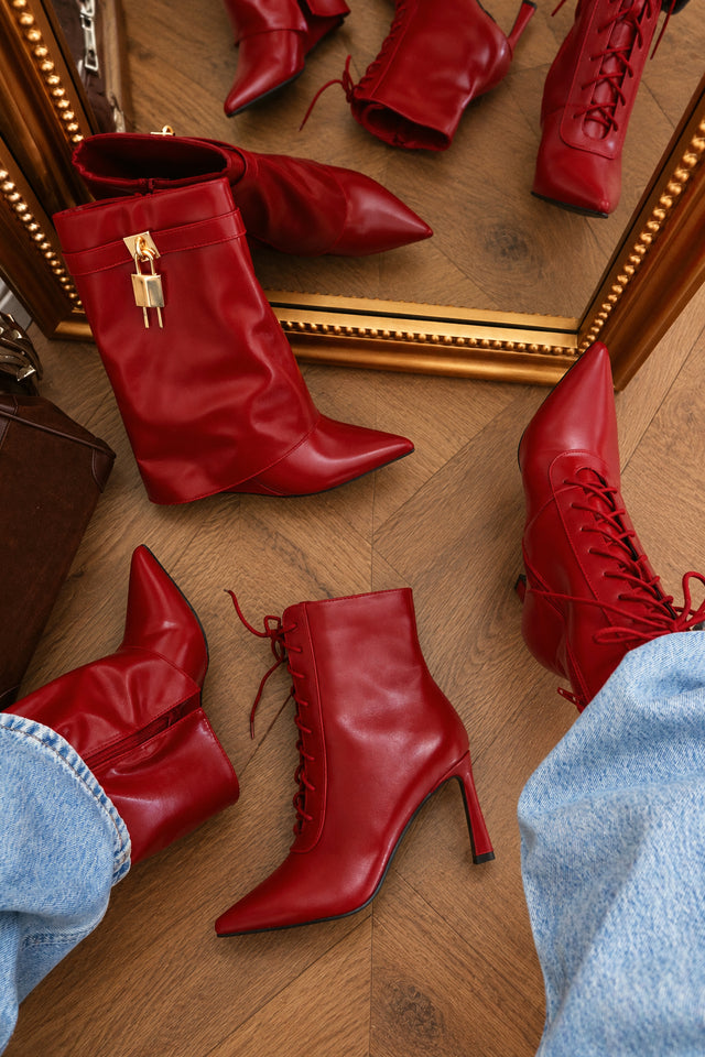 Load image into Gallery viewer, Lorena Lace Up Pointed Toe Ankle Boots – Red
