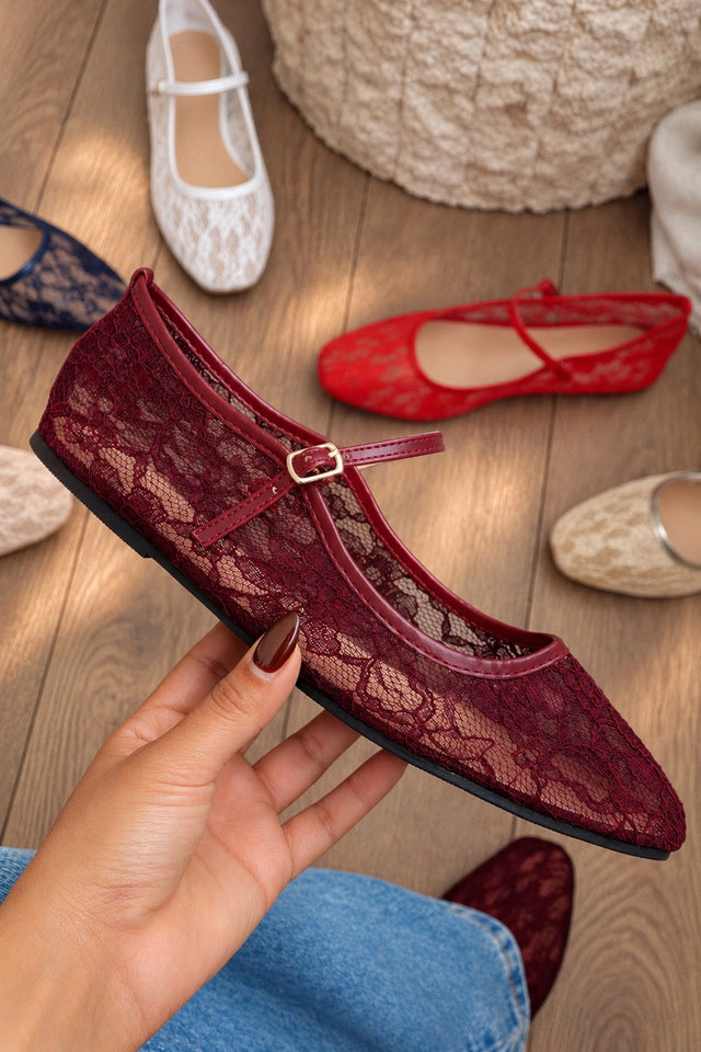 Load image into Gallery viewer, Lacey Lace Mary Jane Ballet Flats – Wine

