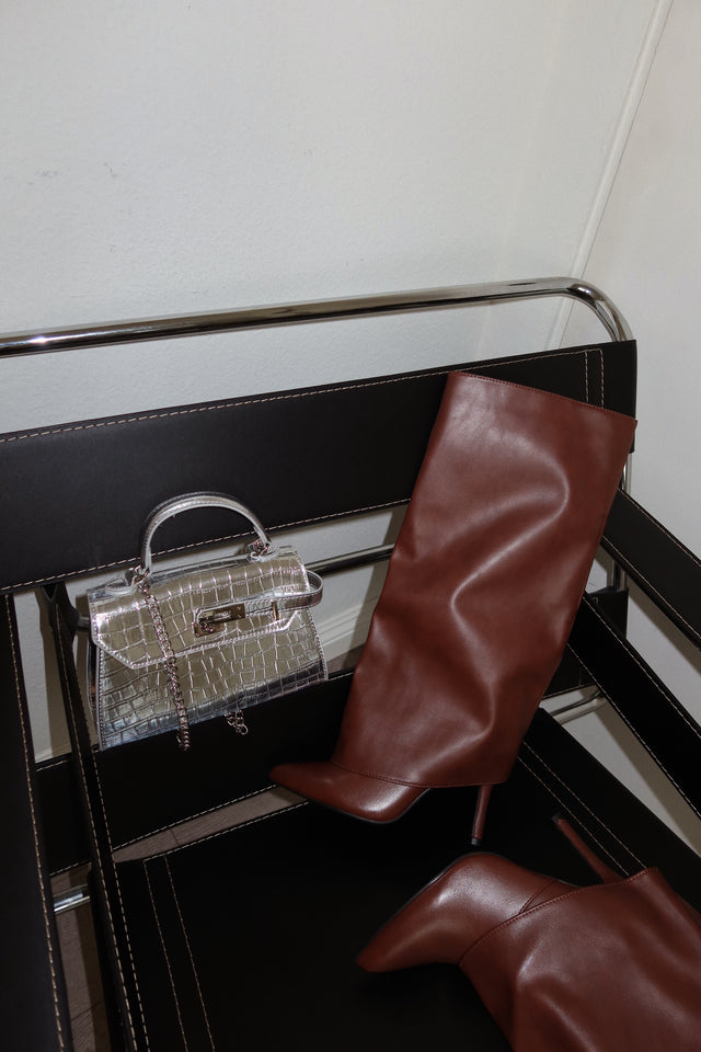 Load image into Gallery viewer, Natalia Knee High Stiletto Shark Boots - Cognac
