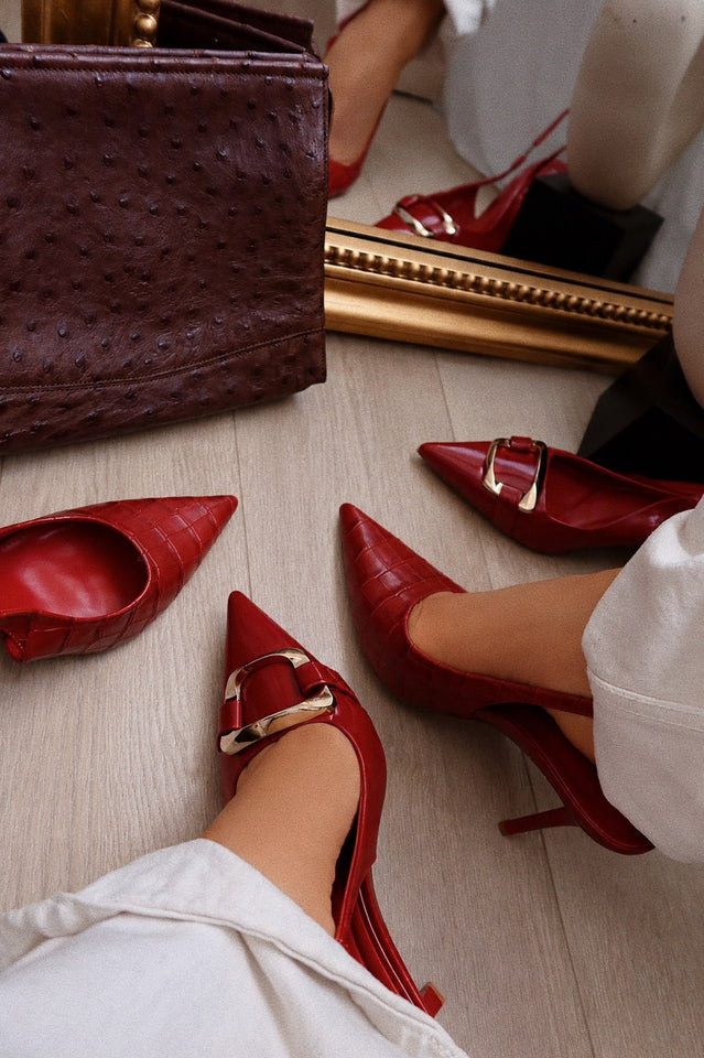 Load image into Gallery viewer, Raven Croc Slingback Heels - Red
