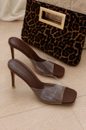 Kristy Clear Strap Mule Heels - Brown