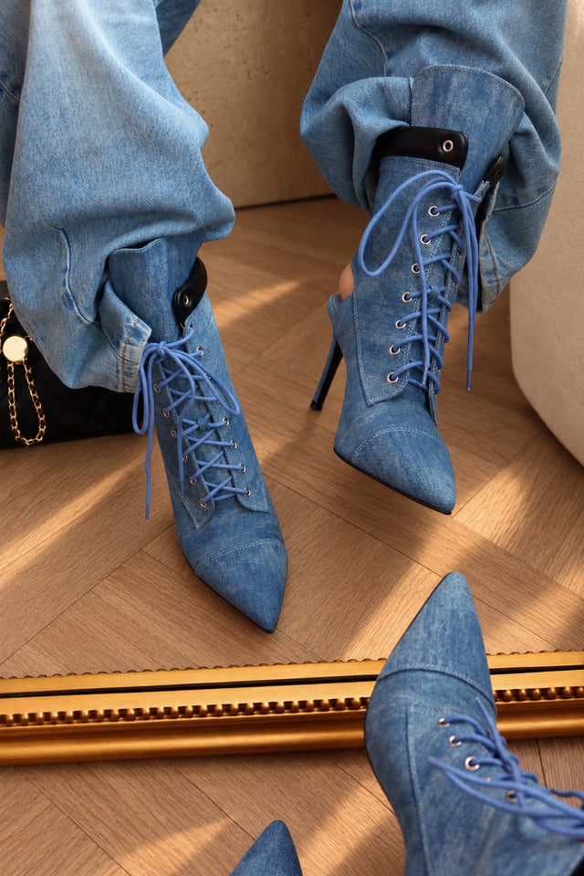 Load image into Gallery viewer, Remy Lace Up Pointed Toe Heel Booties – Denim
