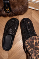 Belinda Rhinestone Mule Flats – Black