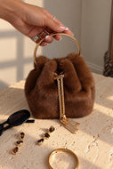 Monae Faux Fur Ring Handle Bucket Bag – Brown