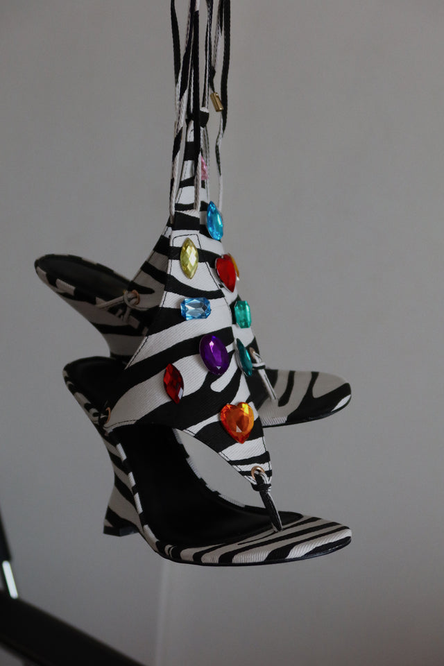 Load image into Gallery viewer, Vivica Lace Up Thong Wedge Sandals - Zebra
