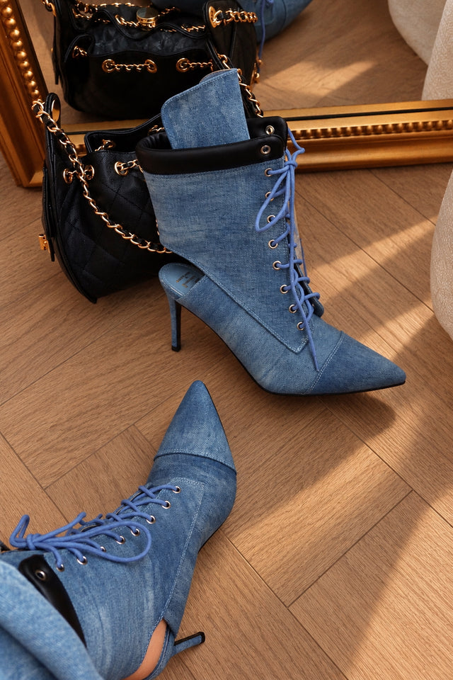 Load image into Gallery viewer, Remy Lace Up Pointed Toe Heel Booties – Denim
