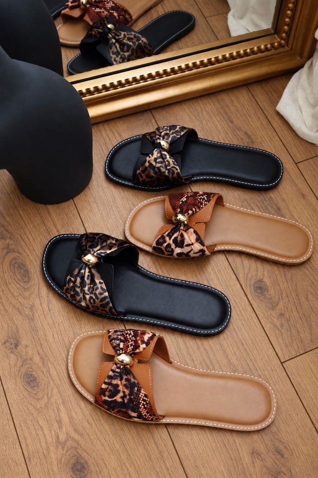 Load image into Gallery viewer, Eden Animal Print Bow Flat Sandals - Tan Multi
