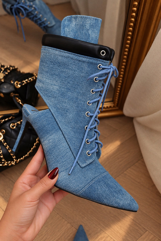 Load image into Gallery viewer, Remy Lace Up Pointed Toe Heel Booties – Denim
