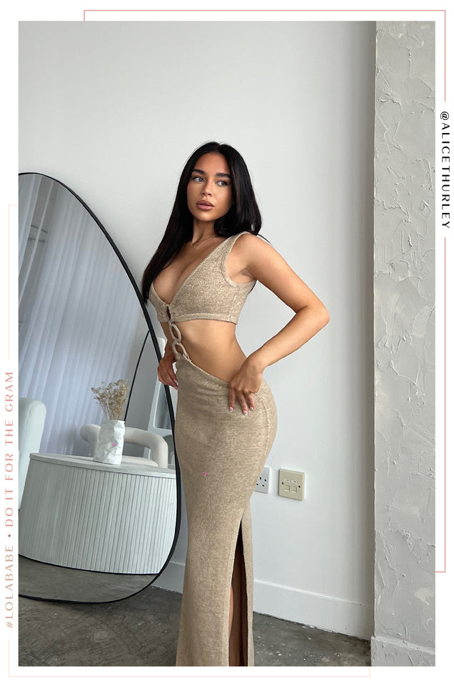 Load image into Gallery viewer, Vacay Taupe Maxi Dress with Waist Cut Outs

