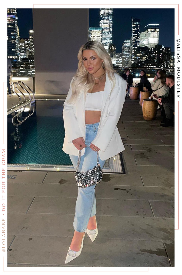 Load image into Gallery viewer, White Denim Heels Styled Blue Denim Jeans, White Top And White Blazer
