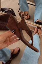 Load image into Gallery viewer, Shelly Thong Slingback Mid Heel Wedges - Brown Suede
