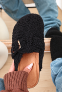 Teddy Plush Buckle Clog Mules - Black