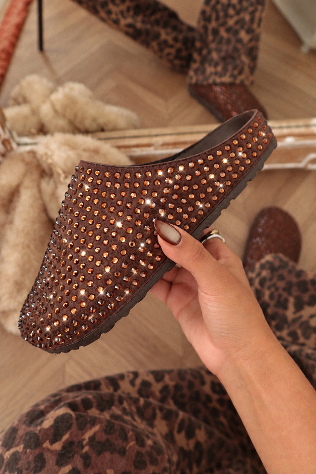 Load image into Gallery viewer, Belinda Rhinestone Mule Flats – Brown
