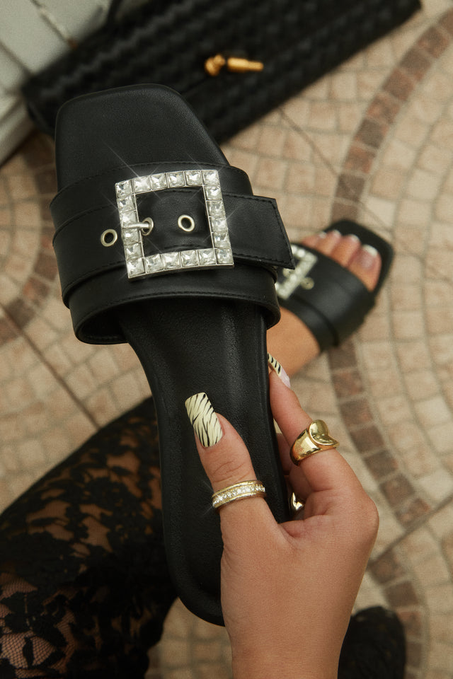 Load image into Gallery viewer, Summer Solstice Embellished Buckle Slip On Sandals - Black
