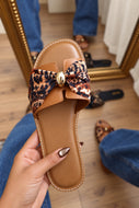 Eden Animal Print Bow Flat Sandals - Tan Multi